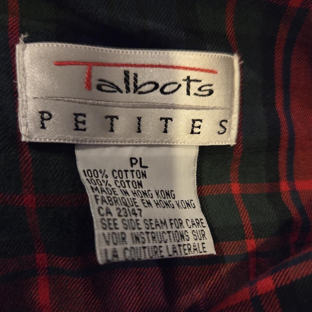 Talbots Top Red Green Tartan Plaid Shirt Velvet Collar Sleeves Petites Large - Picture 7 of 8